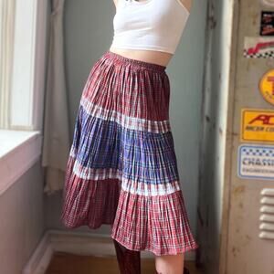 Vintage 90s Patchwork Plaid Midi Skirt | Red Navy Tartan Tiered Cotton | Size M